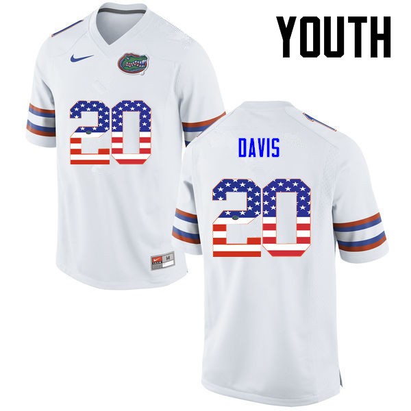 Florida Gators Youth #20 Malik Davis College Football Jersey USA Flag Fashion White
